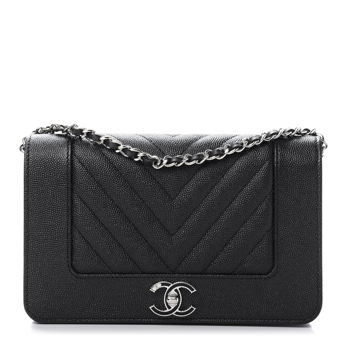 Caviar Chevron Quilted Vintage Mademoiselle Wallet On Chain WOC Black