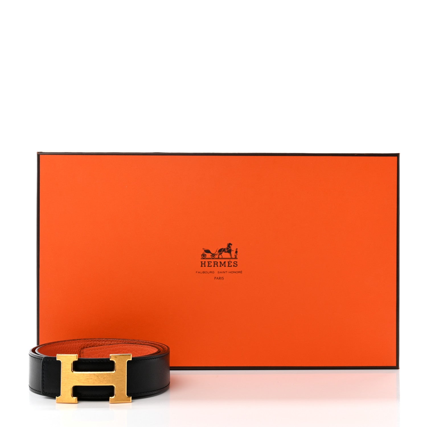 Hermes Box Togo 32mm H Belt 85 Black Orange 8 of 8