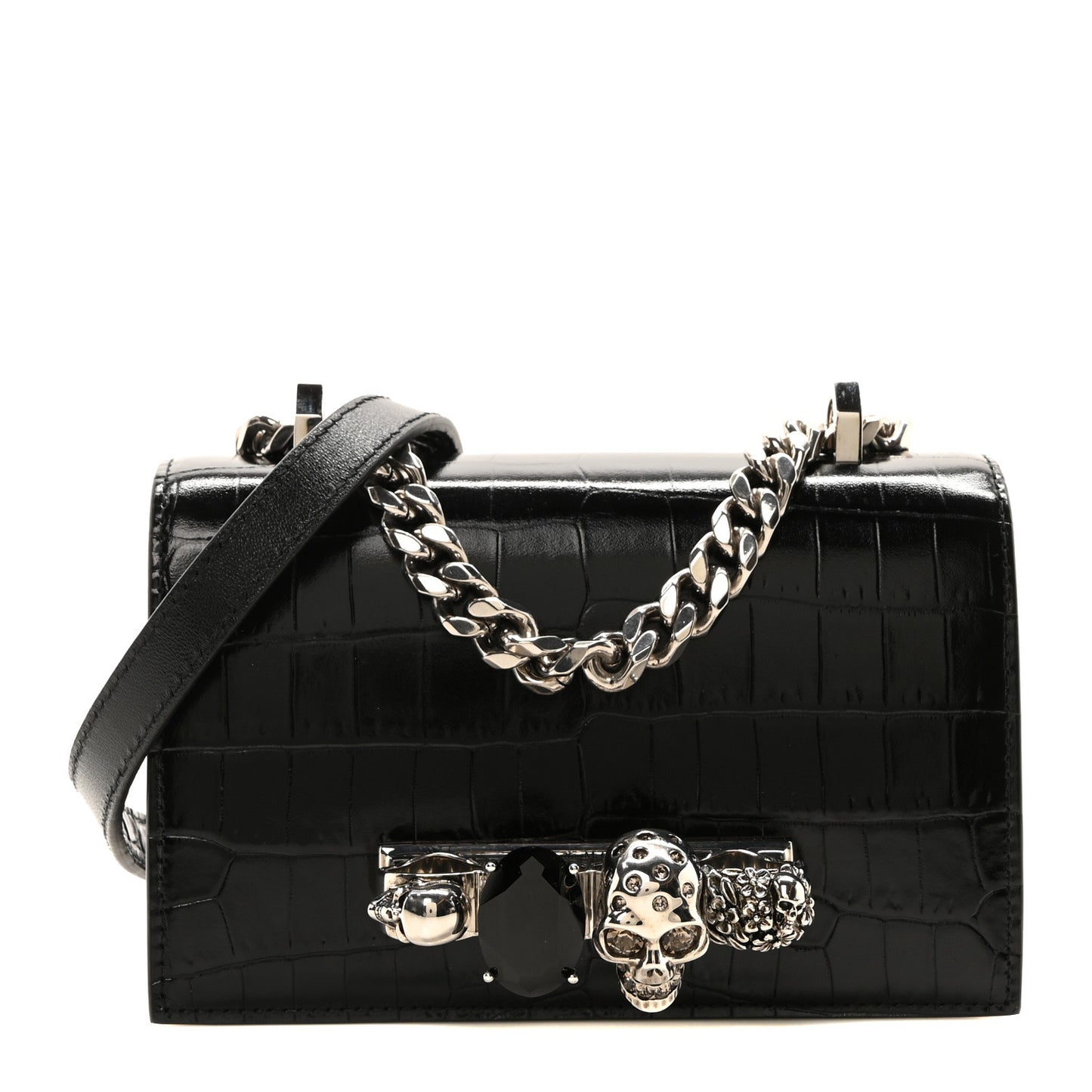 Calfskin Shiny Crocodile Embossed Jeweled Satchel Black