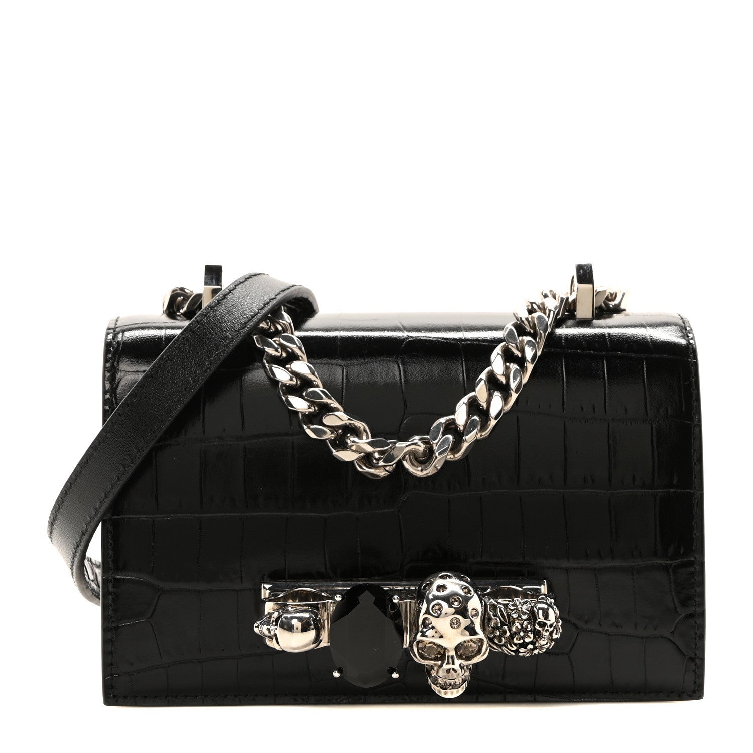Alexander McQueen Calfskin Shiny Crocodile Embossed Jeweled Satchel Black 1 of 10