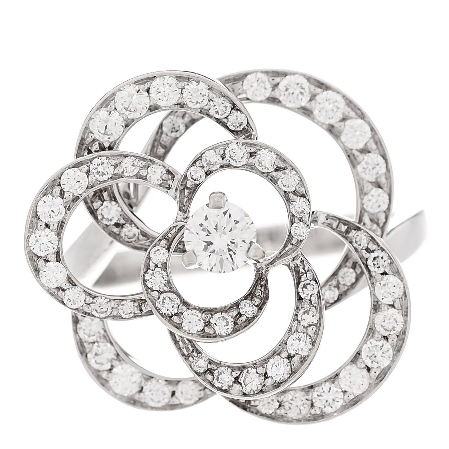 Chanel 18K White Gold Diamond Medium Fil de Camelia Ring 49 5 1 of 5