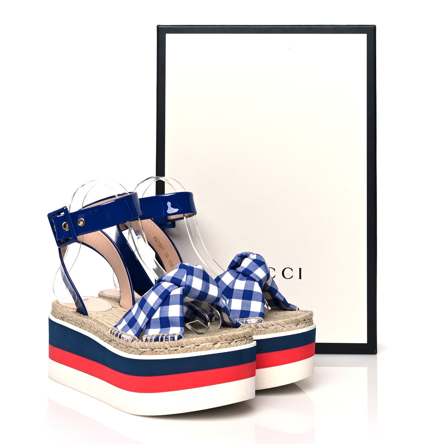 Gucci Patent Cotton Gingham Sefir Espadrille Platform Sandals 38 Blue White 10 of 10