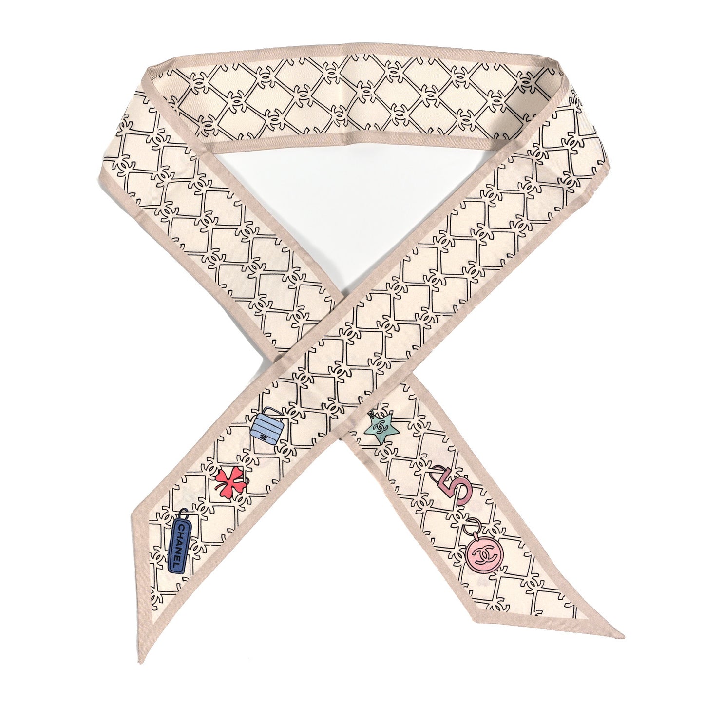 Silk CC Lucky Symbols Slim Bandeau Scarf Ecru Multicolor