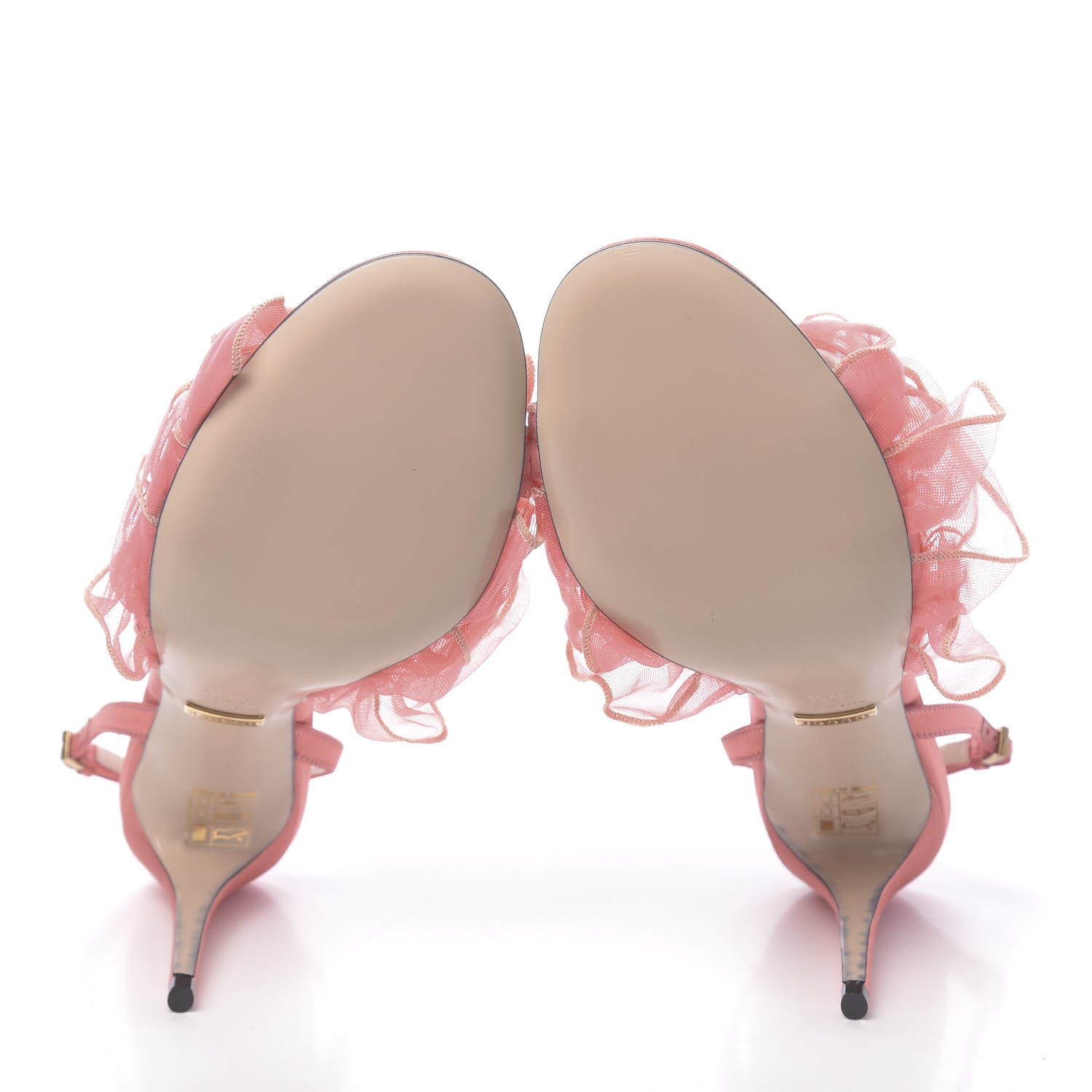 Gucci Tulle Ruffle Mid Heel Slingback Sandals 37.5 Peach White 5 of 9