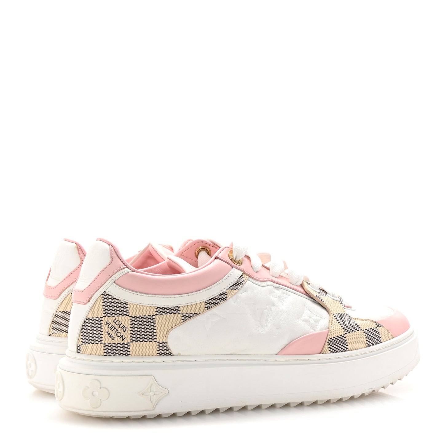 Monogram Embossed Calfskin Damier Azur Time Out Sneakers 38.5 Rose Clair Pink