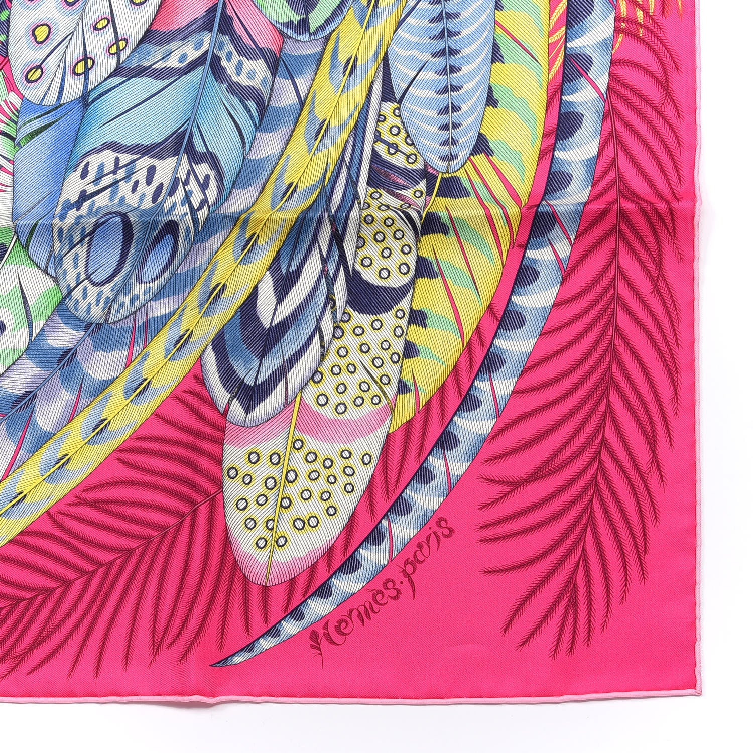 Hermes Silk Plumes En Fete Scarf 90 Rose Vif Bleu Vert 2 of 4