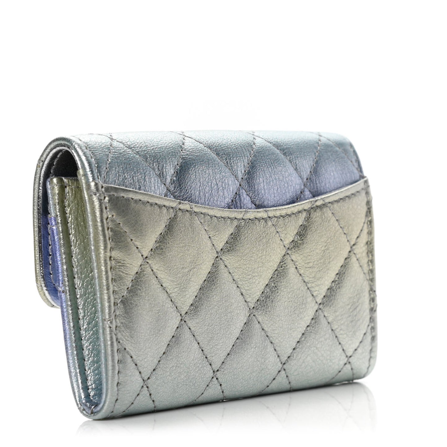 Gradient Metallic Calfskin Quilted Flap Card Holder Wallet Silver Blue Yellow Purple