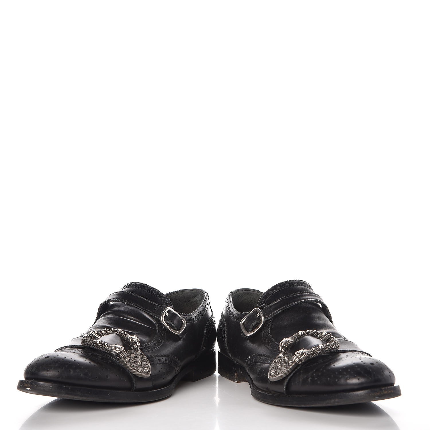 Gucci Calfskin Bee Embroidered Mens Queercore Brogue Wingtip Monk Strap Loafers 7.5 Black 6 of 17