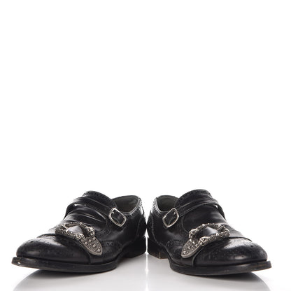 Gucci Calfskin Bee Embroidered Mens Queercore Brogue Wingtip Monk Strap Loafers 7.5 Black 6 of 17