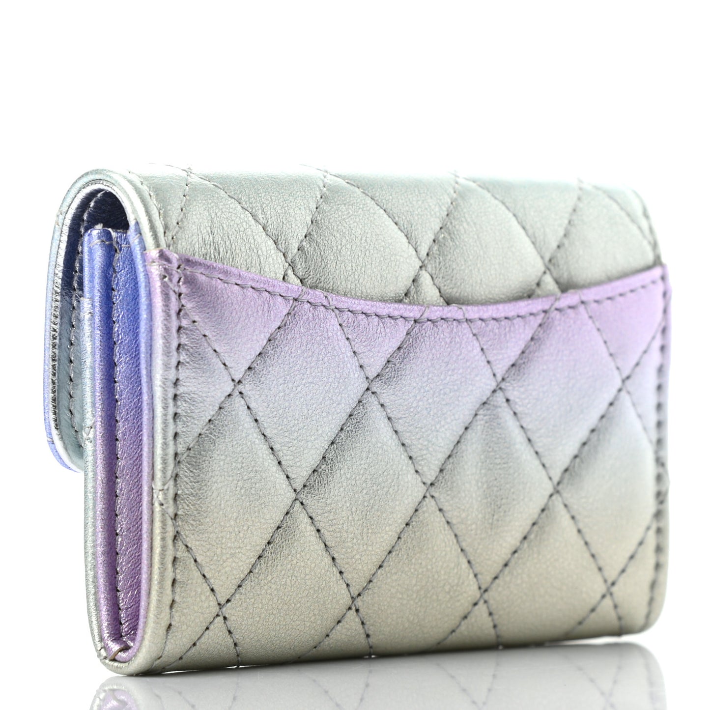Gradient Metallic Calfskin Quilted Flap Card Holder Wallet Silver Blue Yellow Purple