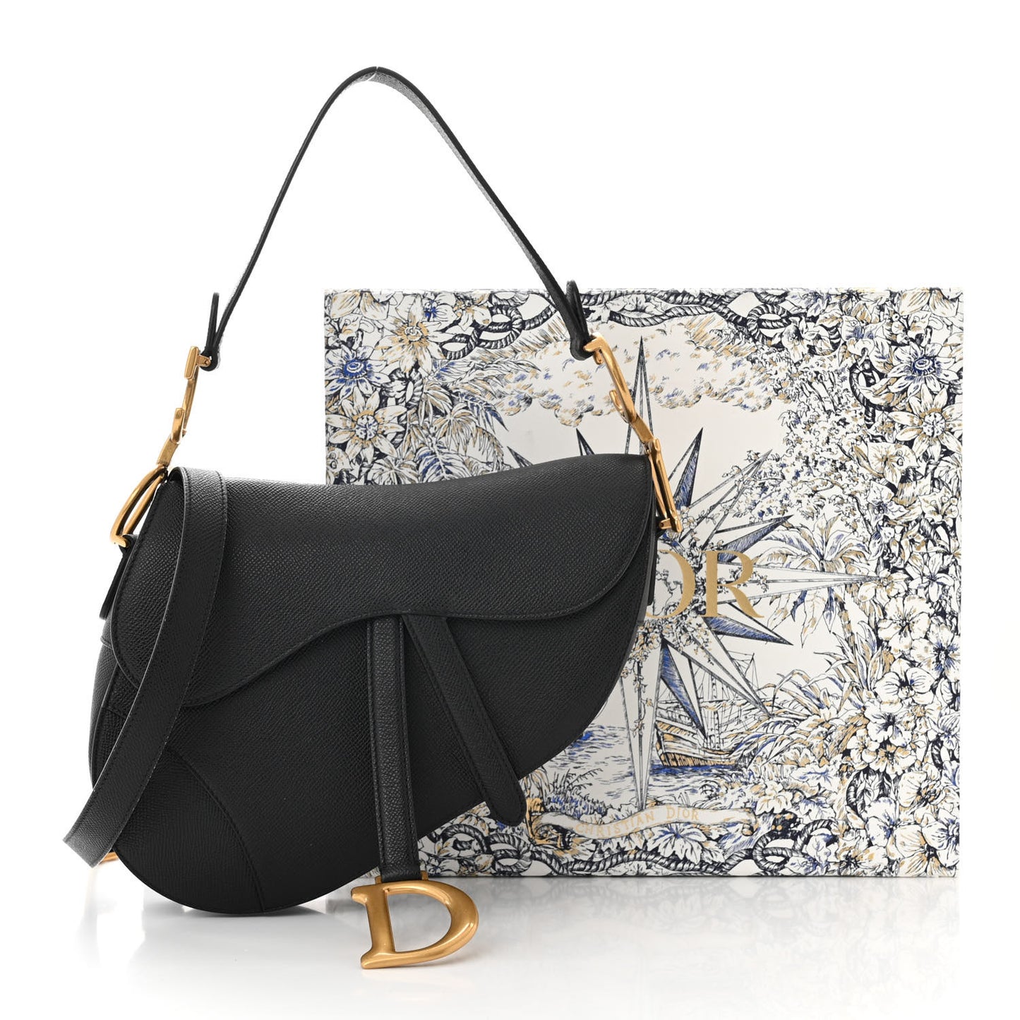 Grained Calfskin Saddle Bag With Strap Black