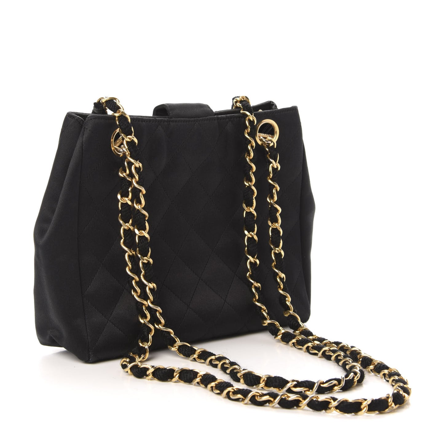 Satin Quilted Crystal CC Shoulder Bag Black