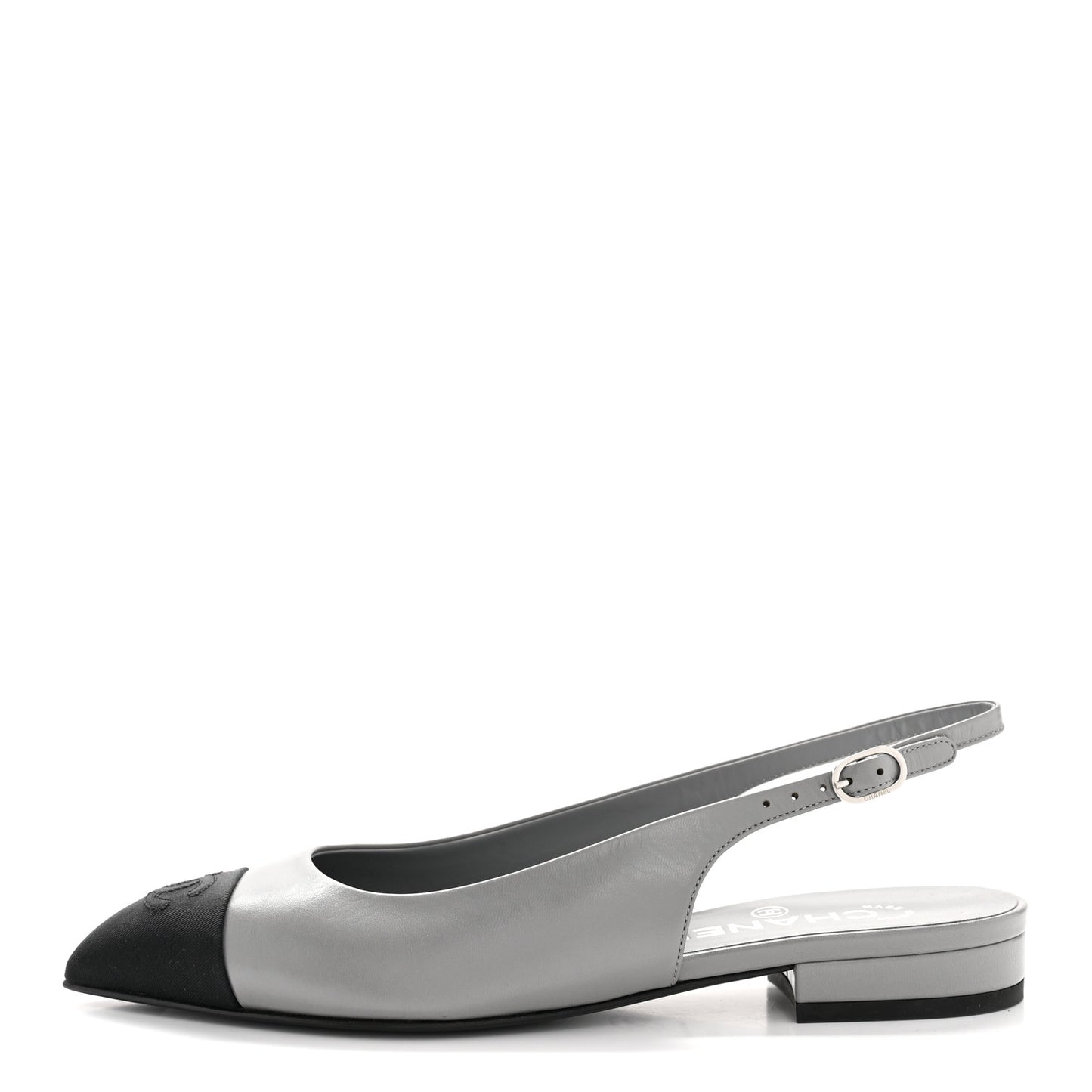 Goatskin Grosgrain Pointed Toe CC Slingback Flats 36 Gray Black