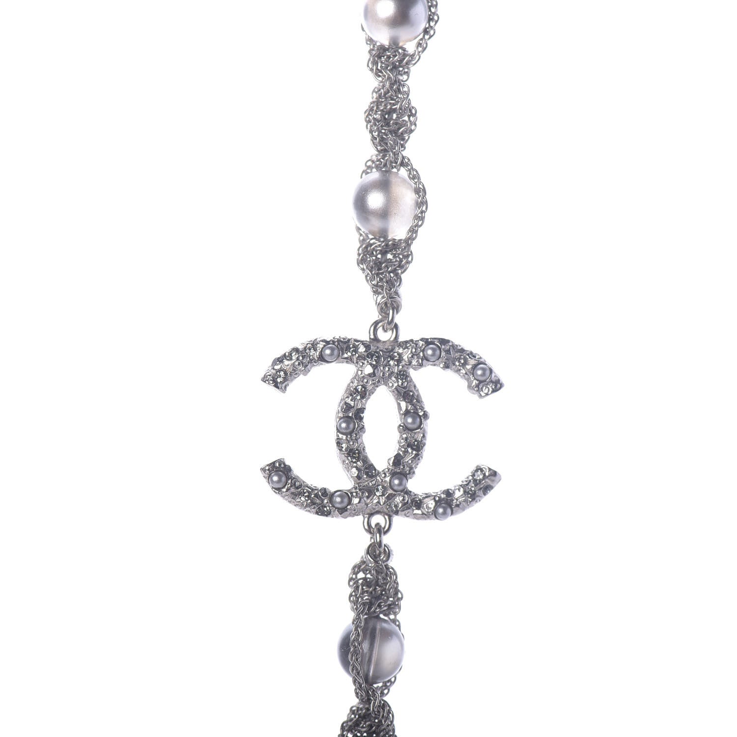 Chanel Pearl Bead CC Long Necklace Silver Grey 6 of 7