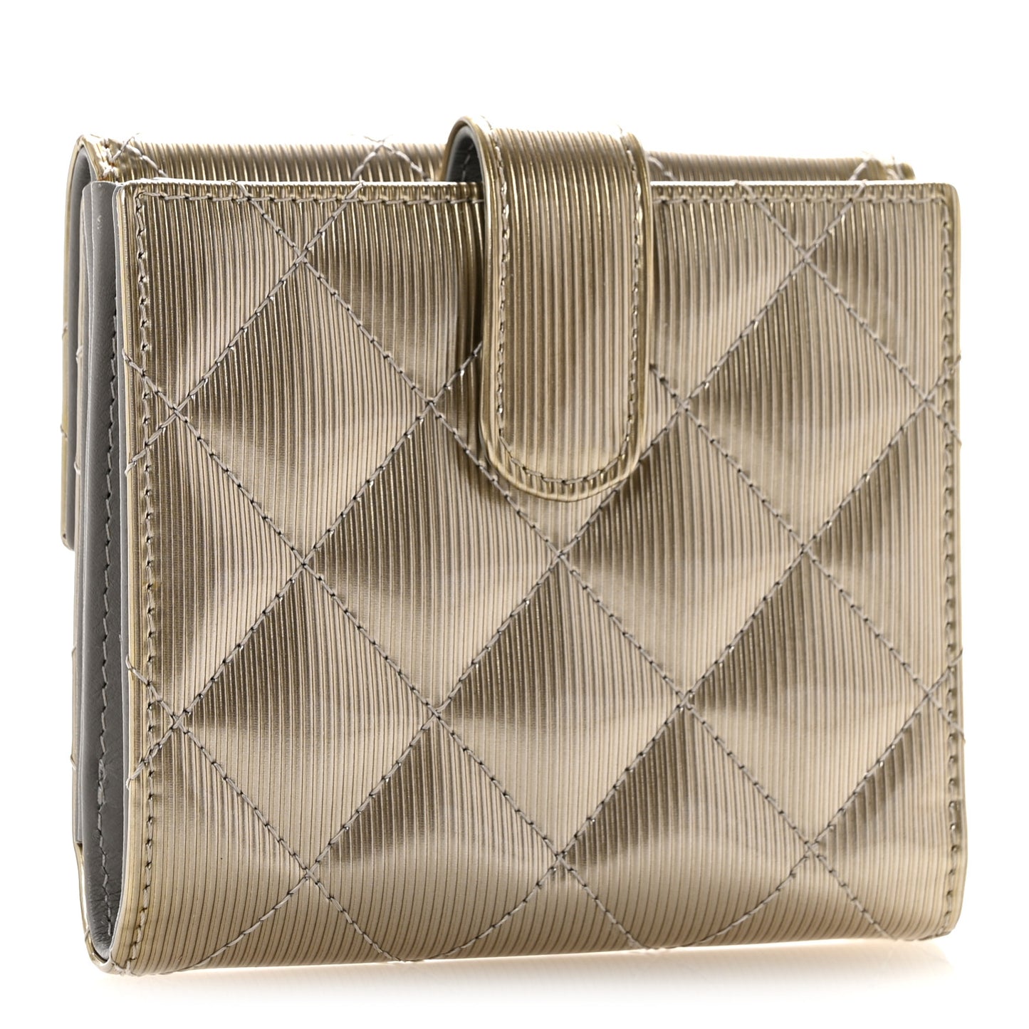 Striated Patent Quilted Compact French Flap Wallet Beige Beige