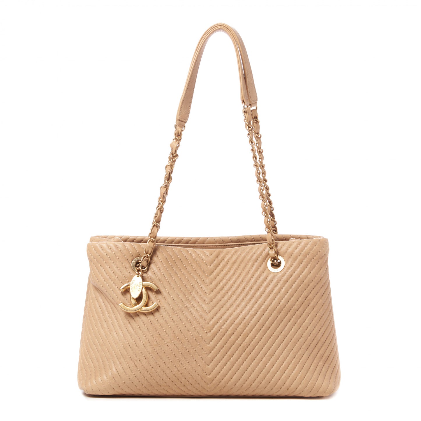 Wrinkled Lambskin Chevron Quilted Surpique Tote Beige