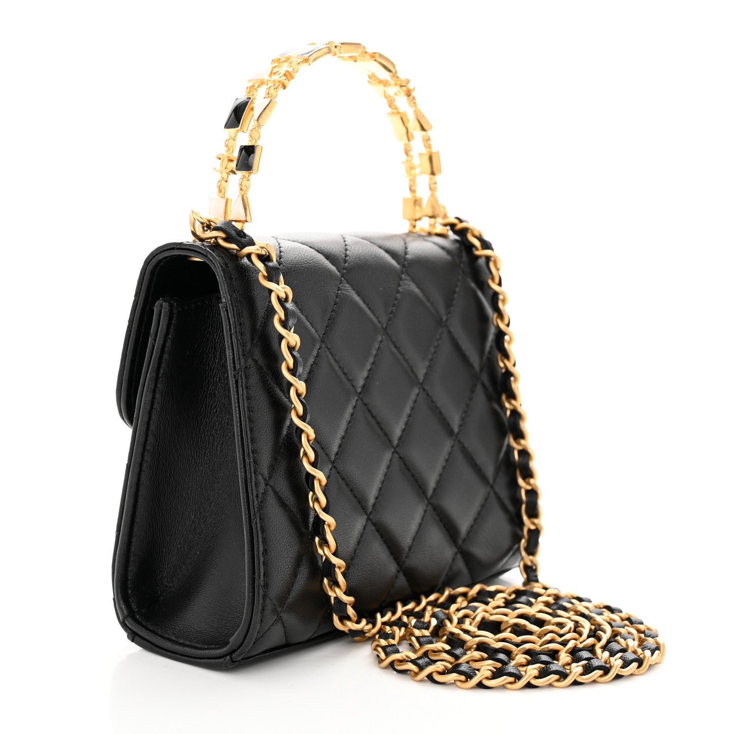 Chanel Lambskin Enamel Quilted Top Handle Flap With Chain Black 3 of 11