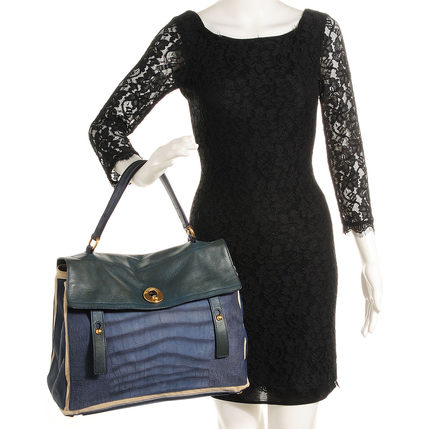 Leather Nubuck Crocodile Embossed Large Muse Two Blue