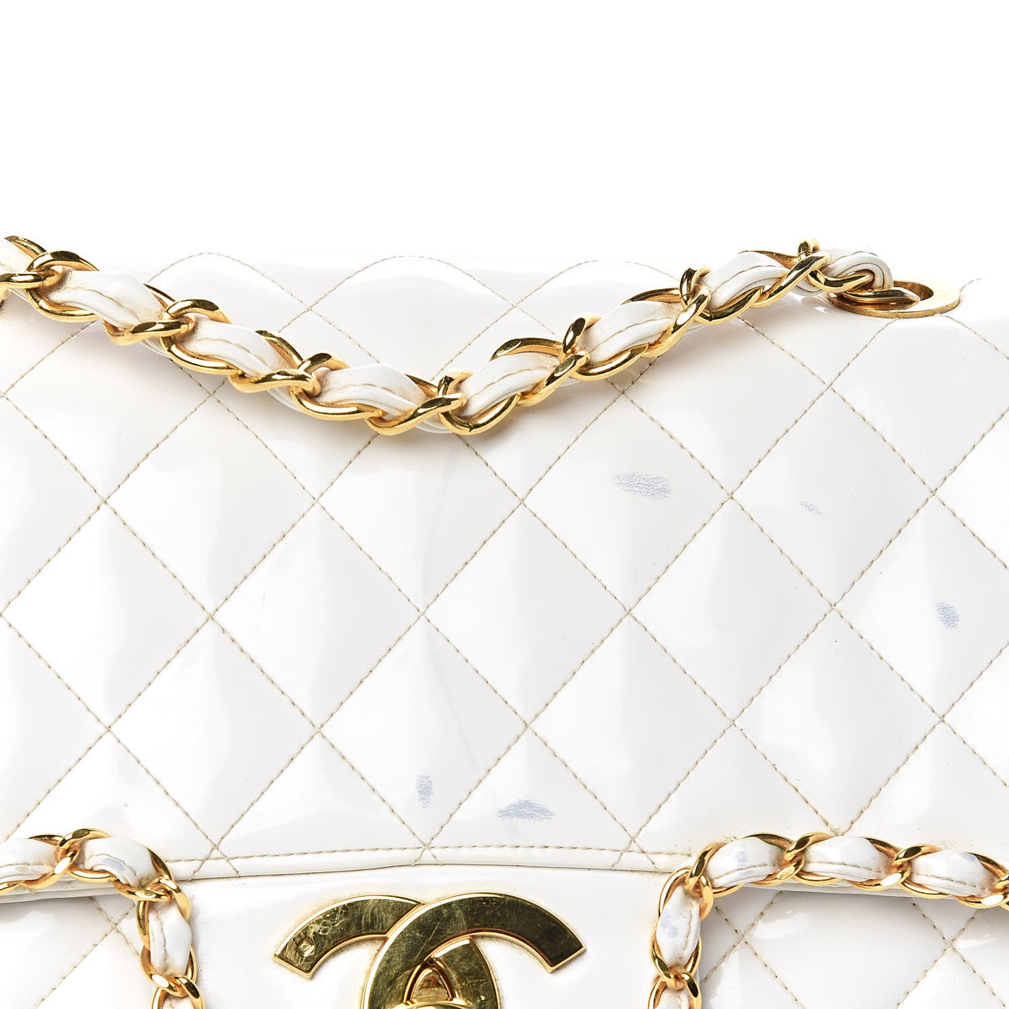 Patent Quilted Jumbo XL Chain Around Flap White