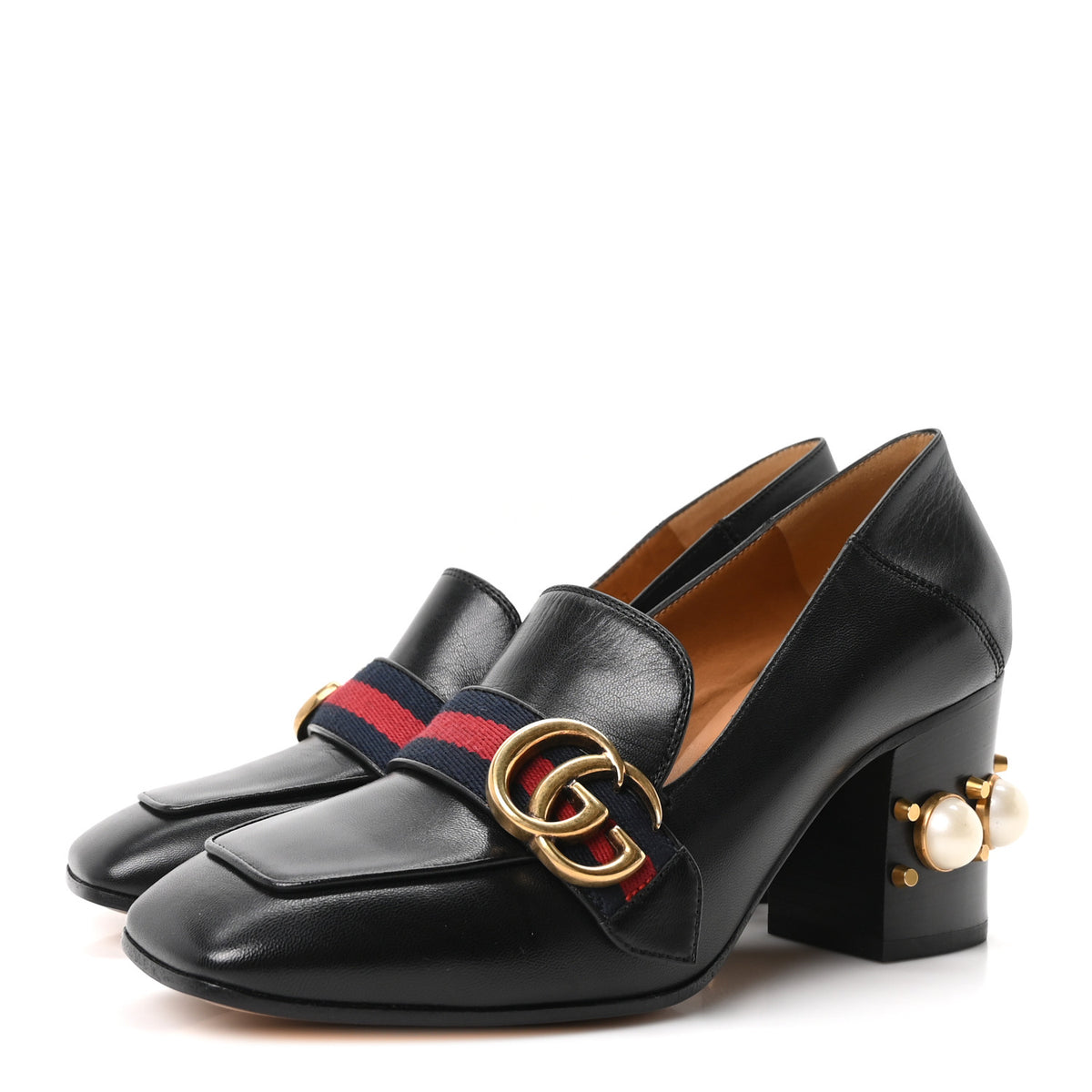 Gucci Malaga Kid Web Pearl Embellished Peyton 75mm Loafer Pumps 37 Black 4 of 10