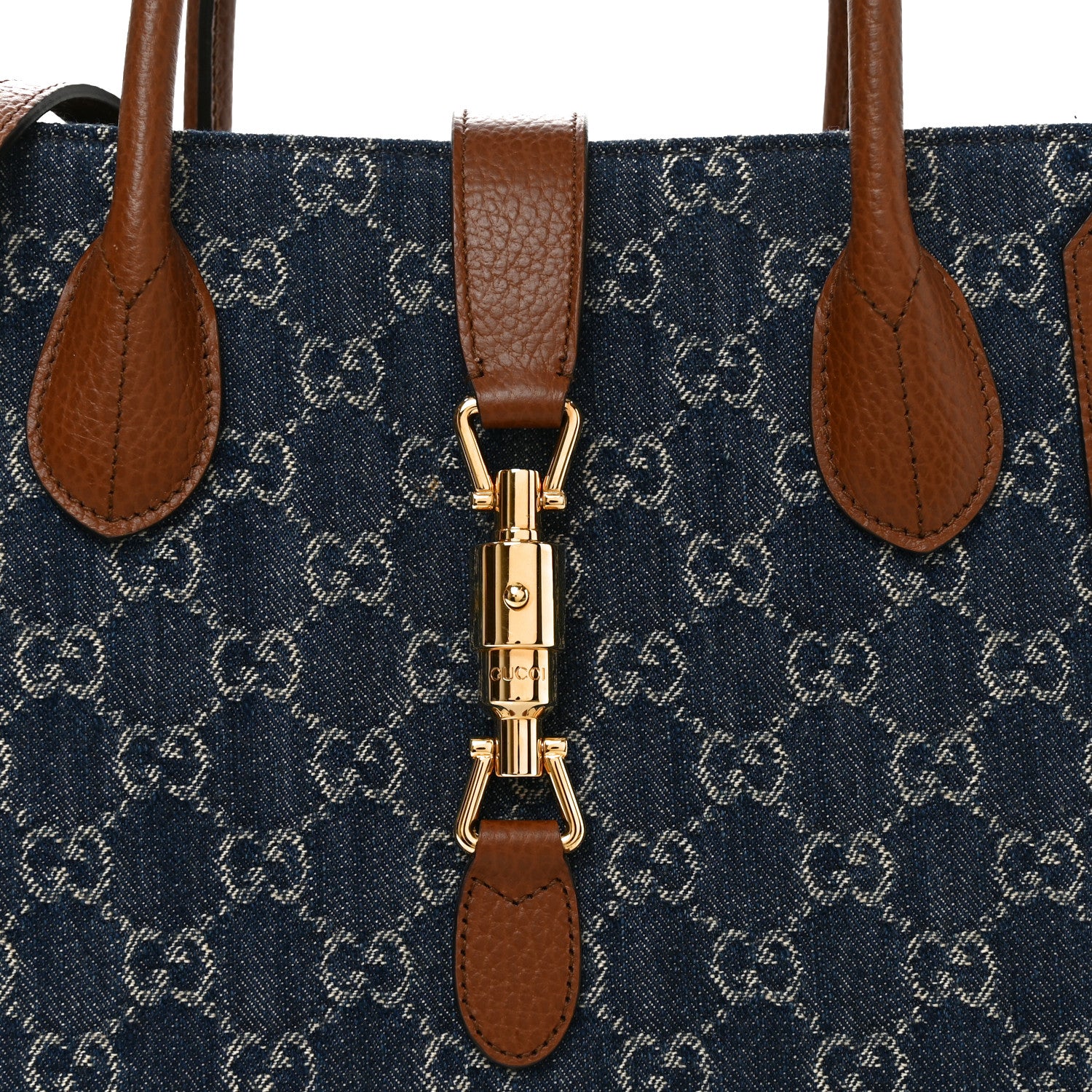 Gucci New Denim GG Monogram Dollar Calfskin Medium Jackie 1961 Tote Blue Tea Cuir Epilog 8 of 10