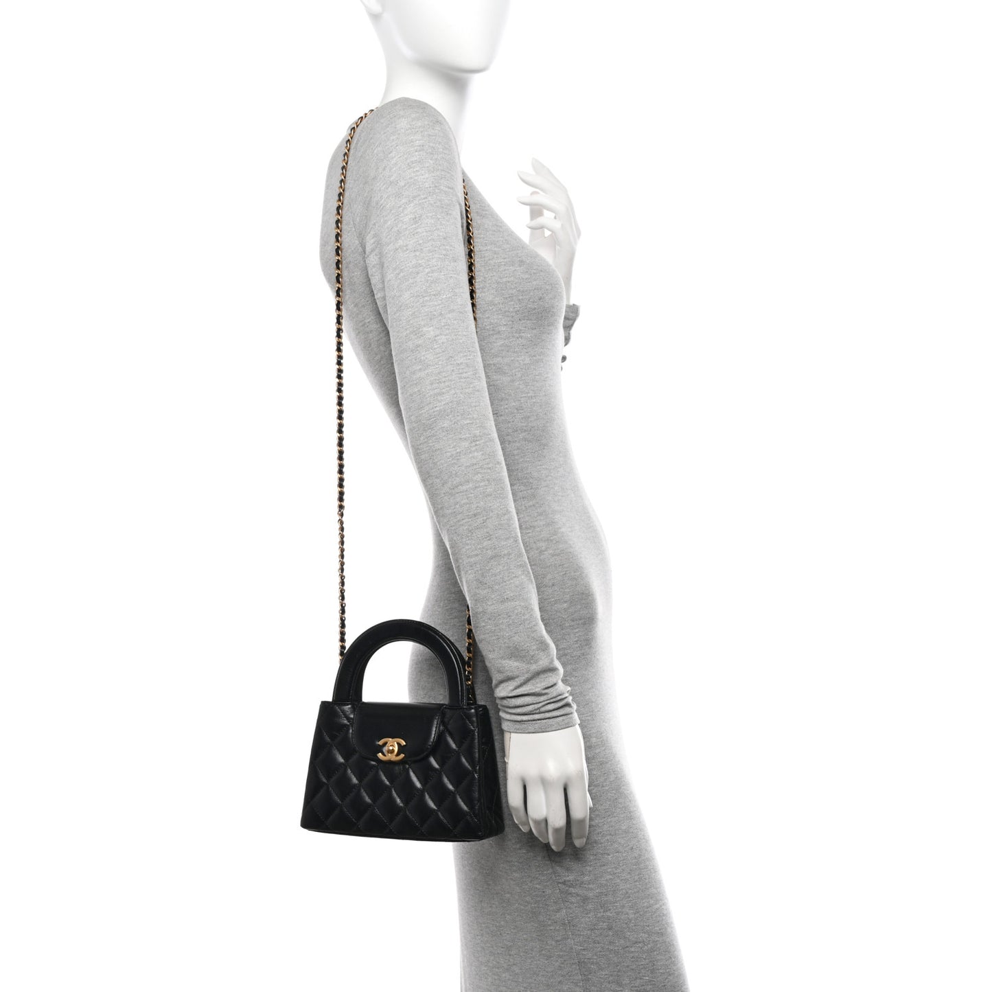 Shiny Aged Calfskin Quilted Nano Kelly Shopper Black
