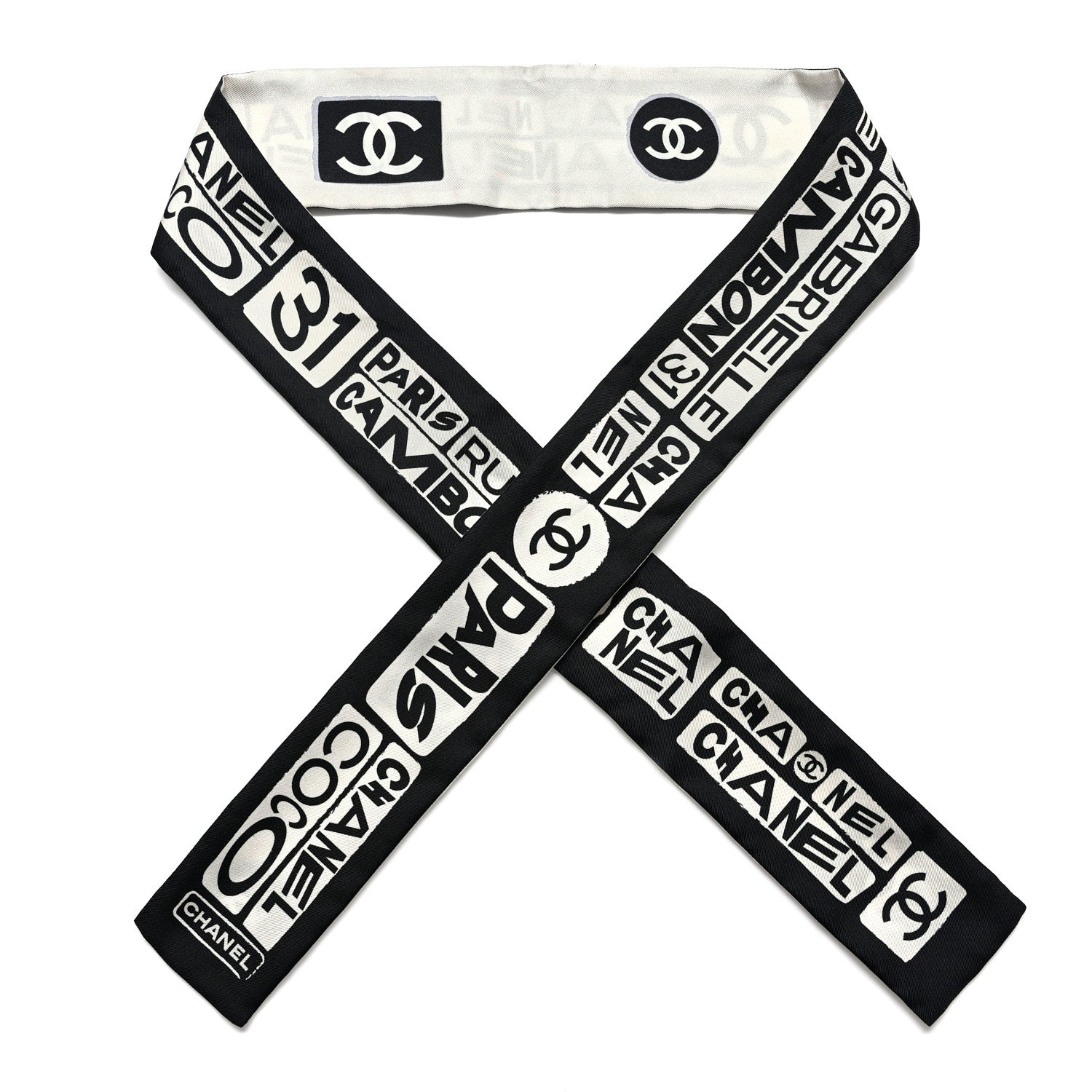 Chanel Silk CC Slim Bandeau Scarf Black Ecru 1 of 8