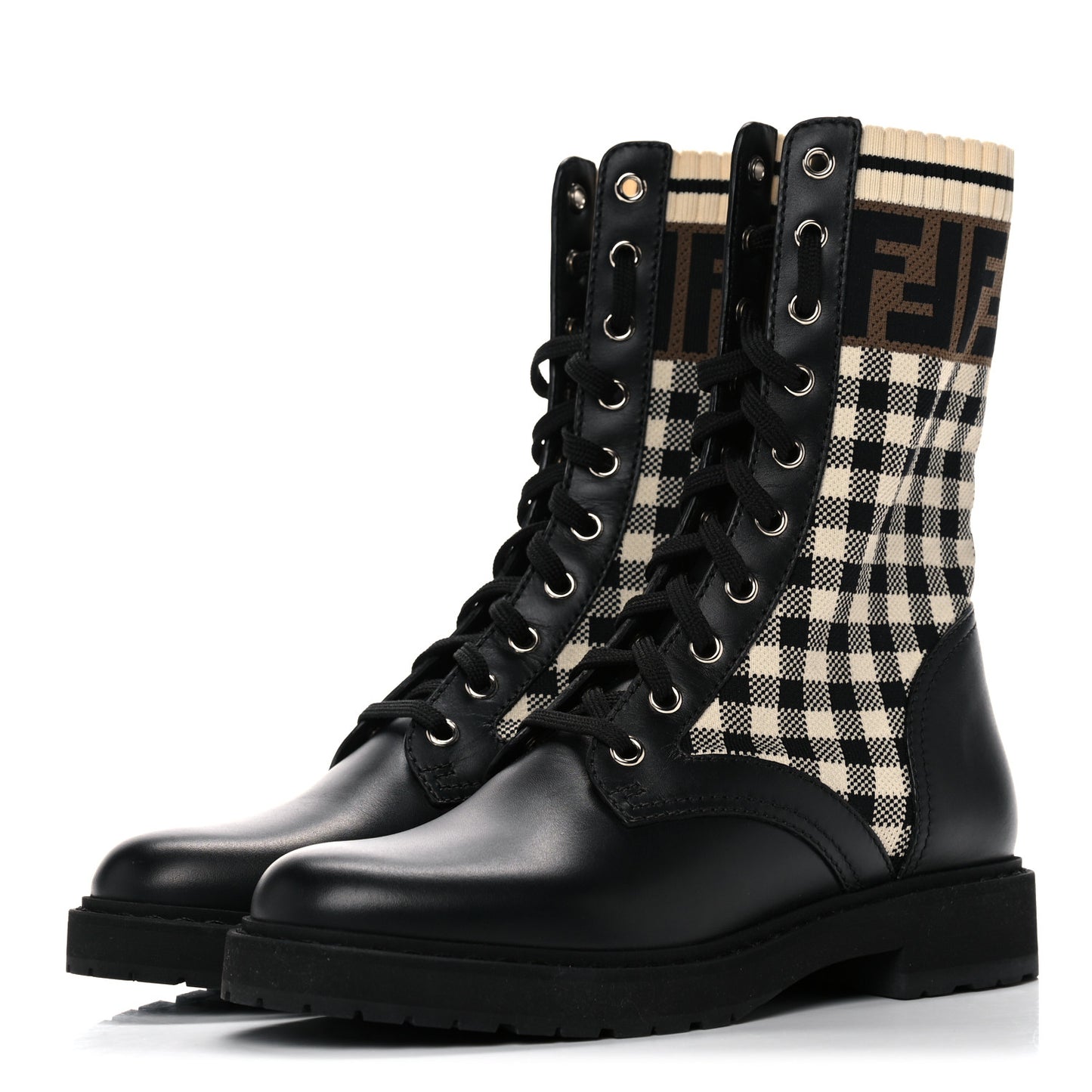 Vitello Stretch Fabric FF Vichy Rockoko Biker Boots 36 Black Crema Tobacco