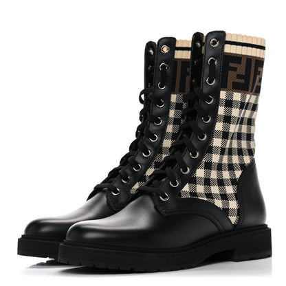 Fendi Vitello Stretch Fabric FF Vichy Rockoko Biker Boots 36 Black Crema Tobacco 3 of 7