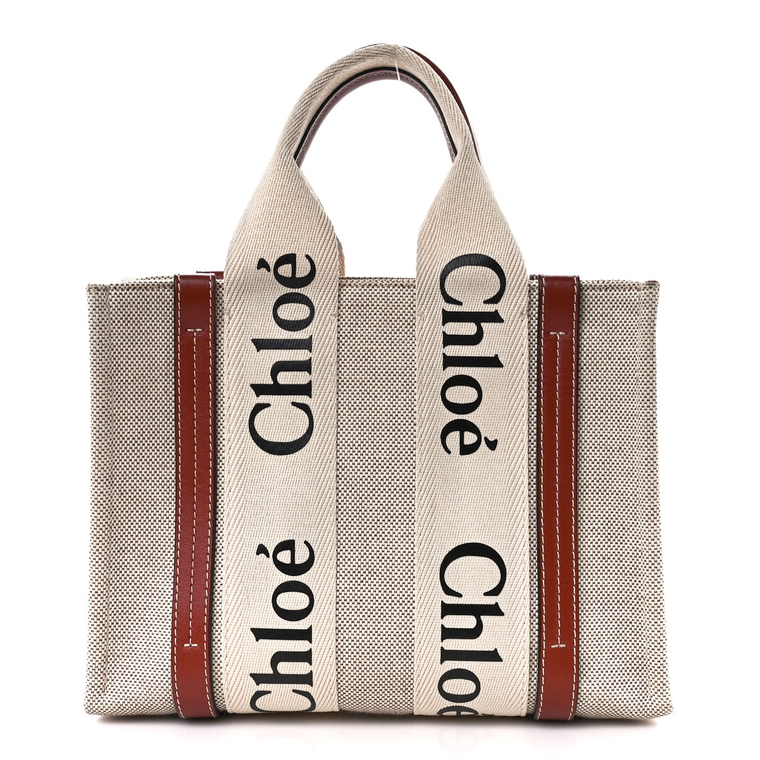 Chloe Cotton Calfskin Small Woody Ribbon Tote With Strap White Brown 1 of 11