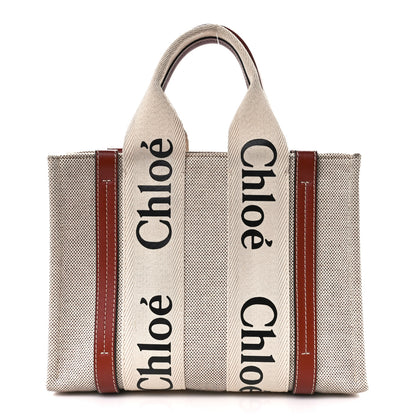 Chloe Cotton Calfskin Small Woody Ribbon Tote With Strap White Brown 1 of 11