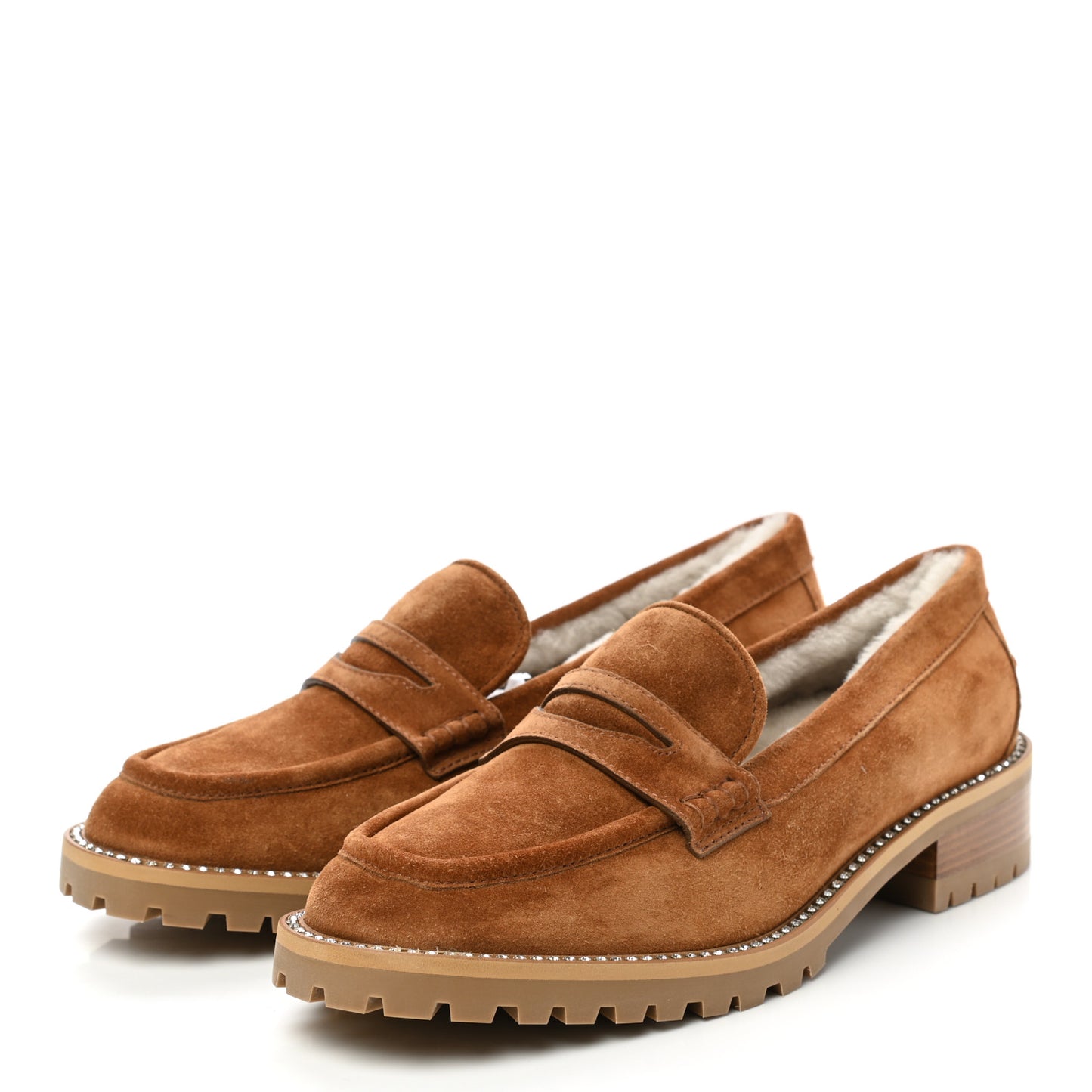 Suede Shearling Crystal Deanna Penny Loafers 40.5 Natural Tan