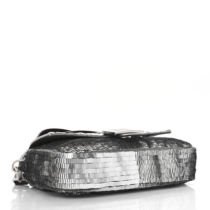 Fendi Sequin Paillettes Capretto Lucido Baguette Argento Moro 4 of 9