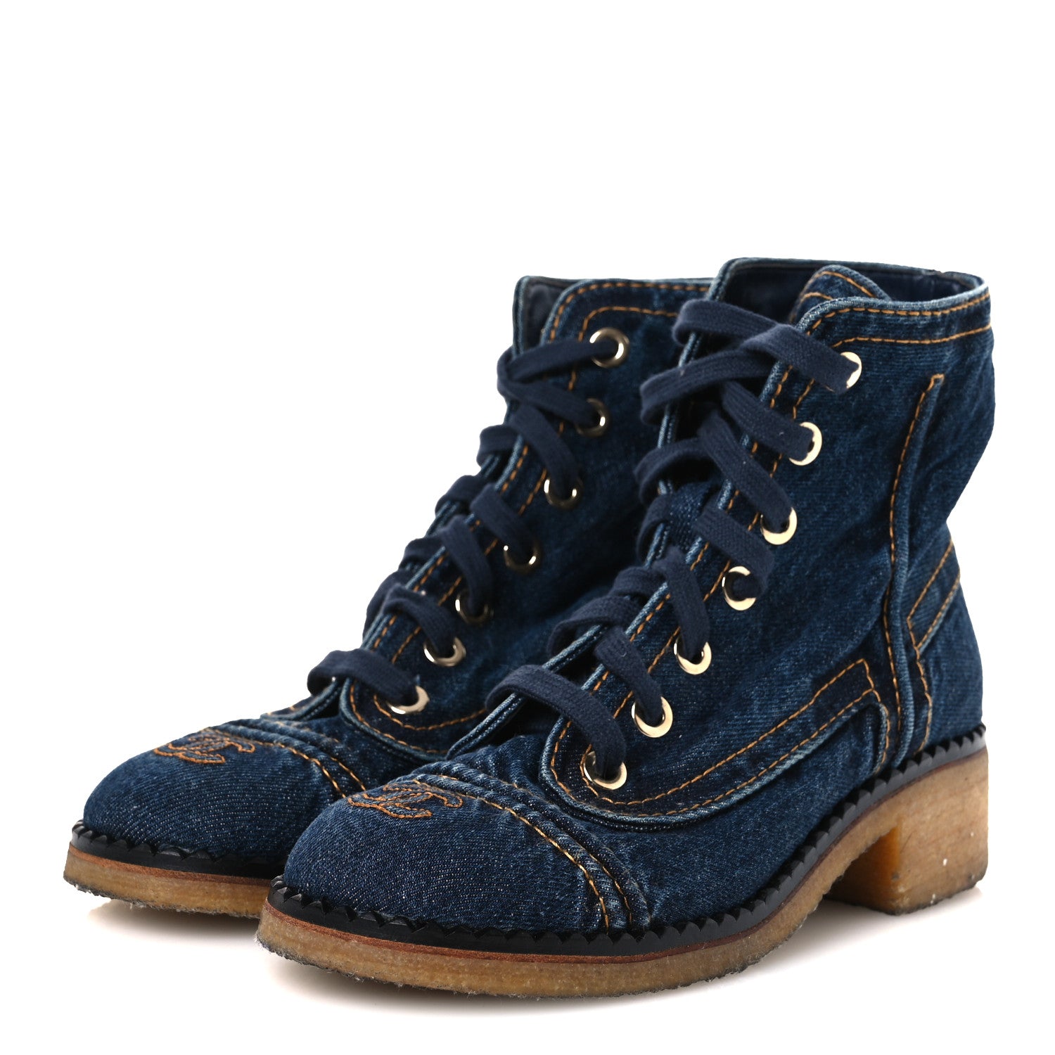 Chanel Denim Lace Up Boots 36.5 Navy Blue 4 of 11