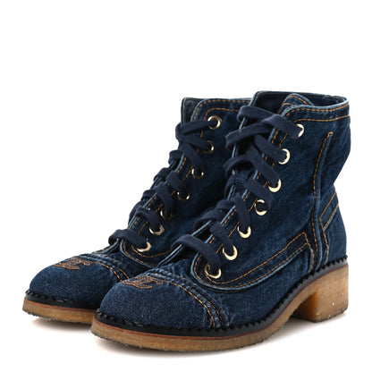 Chanel Denim Lace Up Boots 36.5 Navy Blue 4 of 11