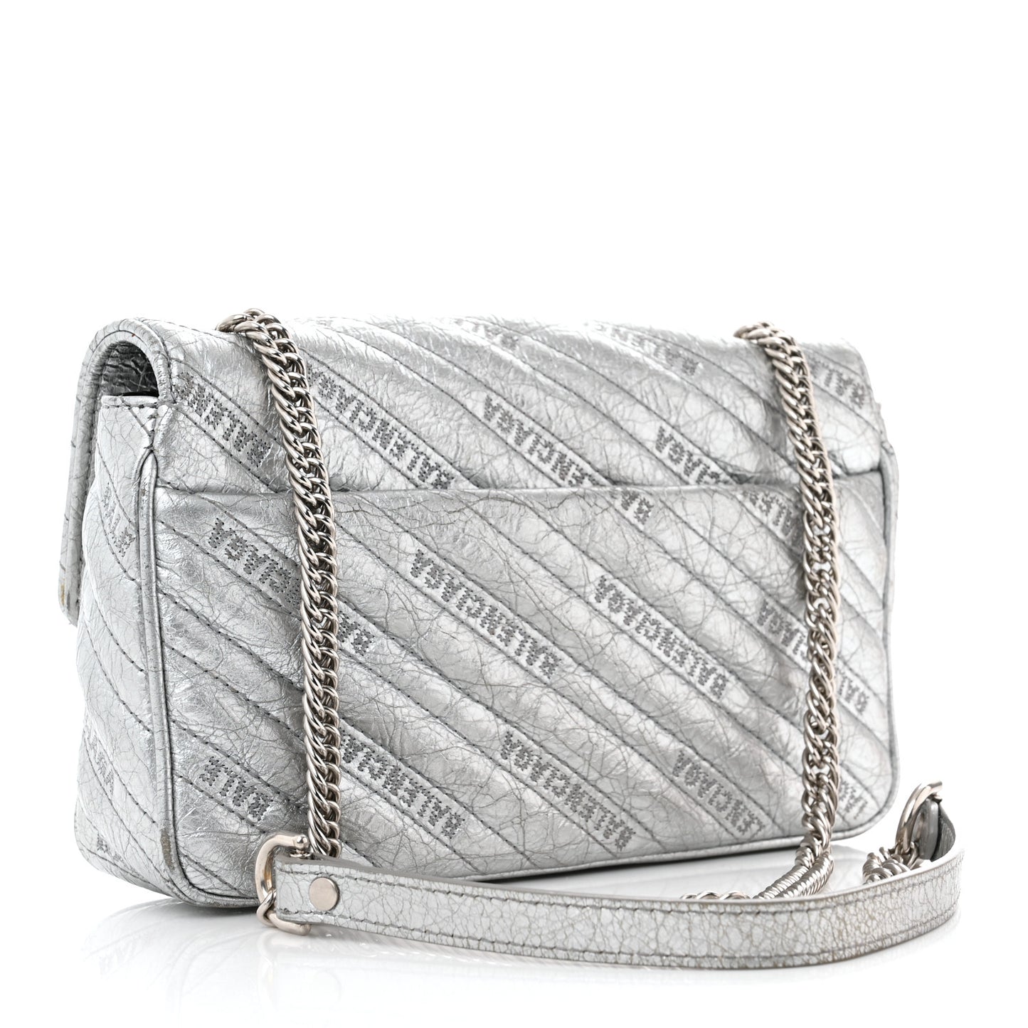Metallic Arena Calfskin Logo Matelasse BB Chain Wallet Argent