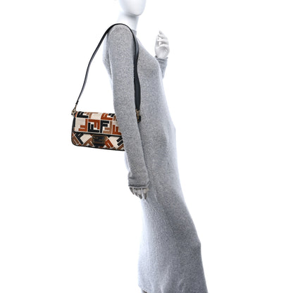 Fendi Canvas Vitello Seta FF Multicolor Embroidered Baguette Brandy Black 2 of 9