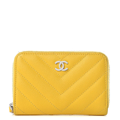 Chanel Caviar Chevron Quilted Zip Coin Purse Yellow 1 of 10