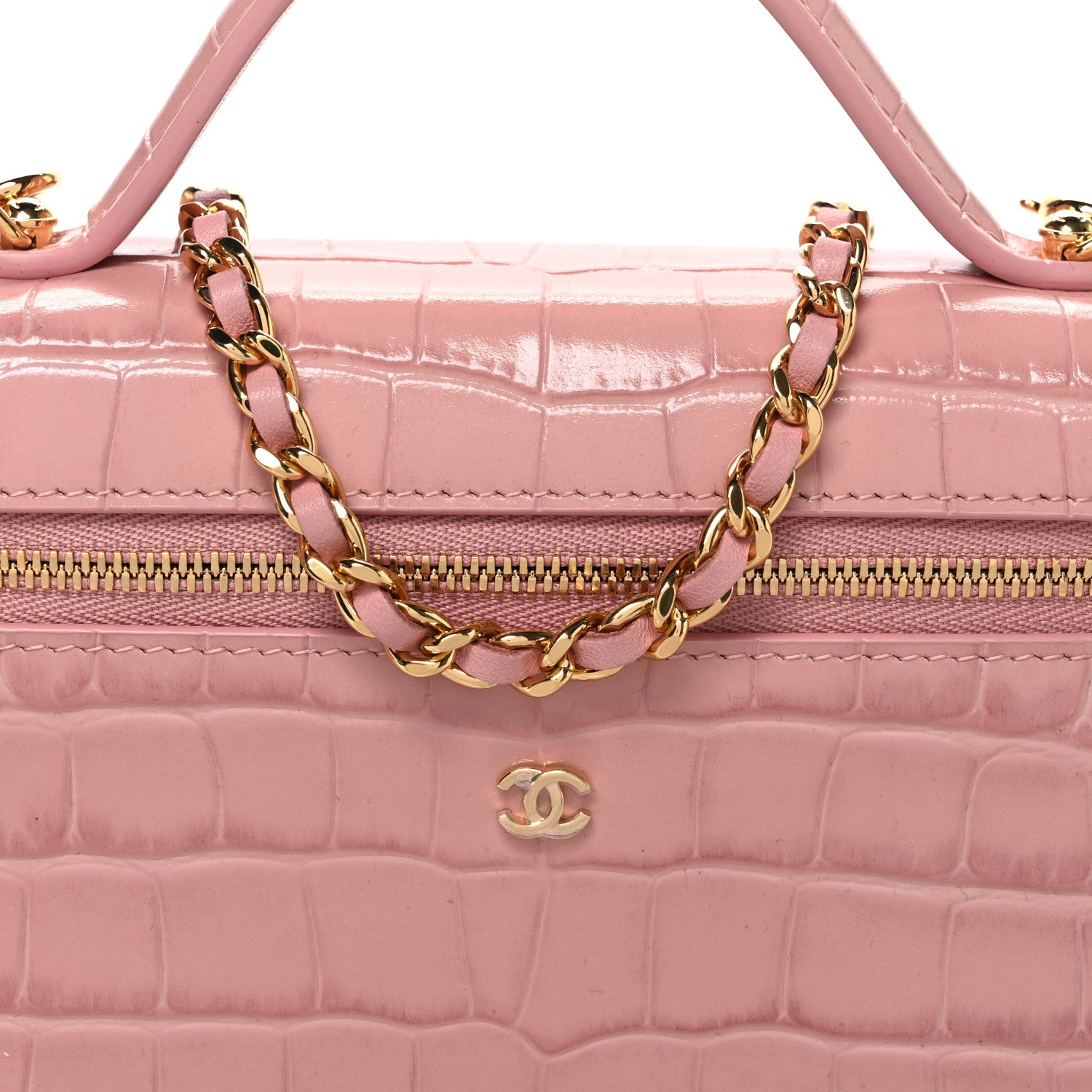 Chanel Calfskin Crocodile Embossed Crococo Top Handle Slim Vanity Case With Chain Light Pink 8 of 11