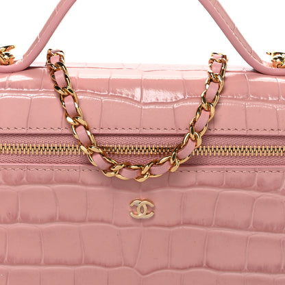 Chanel Calfskin Crocodile Embossed Crococo Top Handle Slim Vanity Case With Chain Light Pink 8 of 11