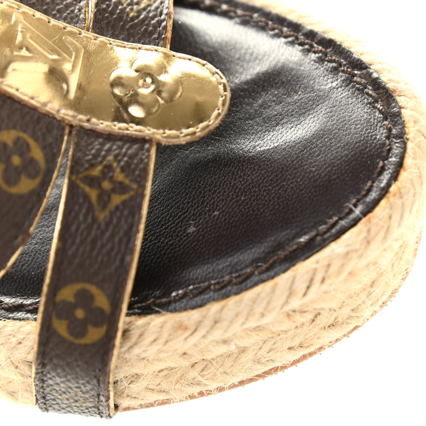Monogram Metallic Bahamas T-Strap Espadrille Wedge Sandals 37 Brown