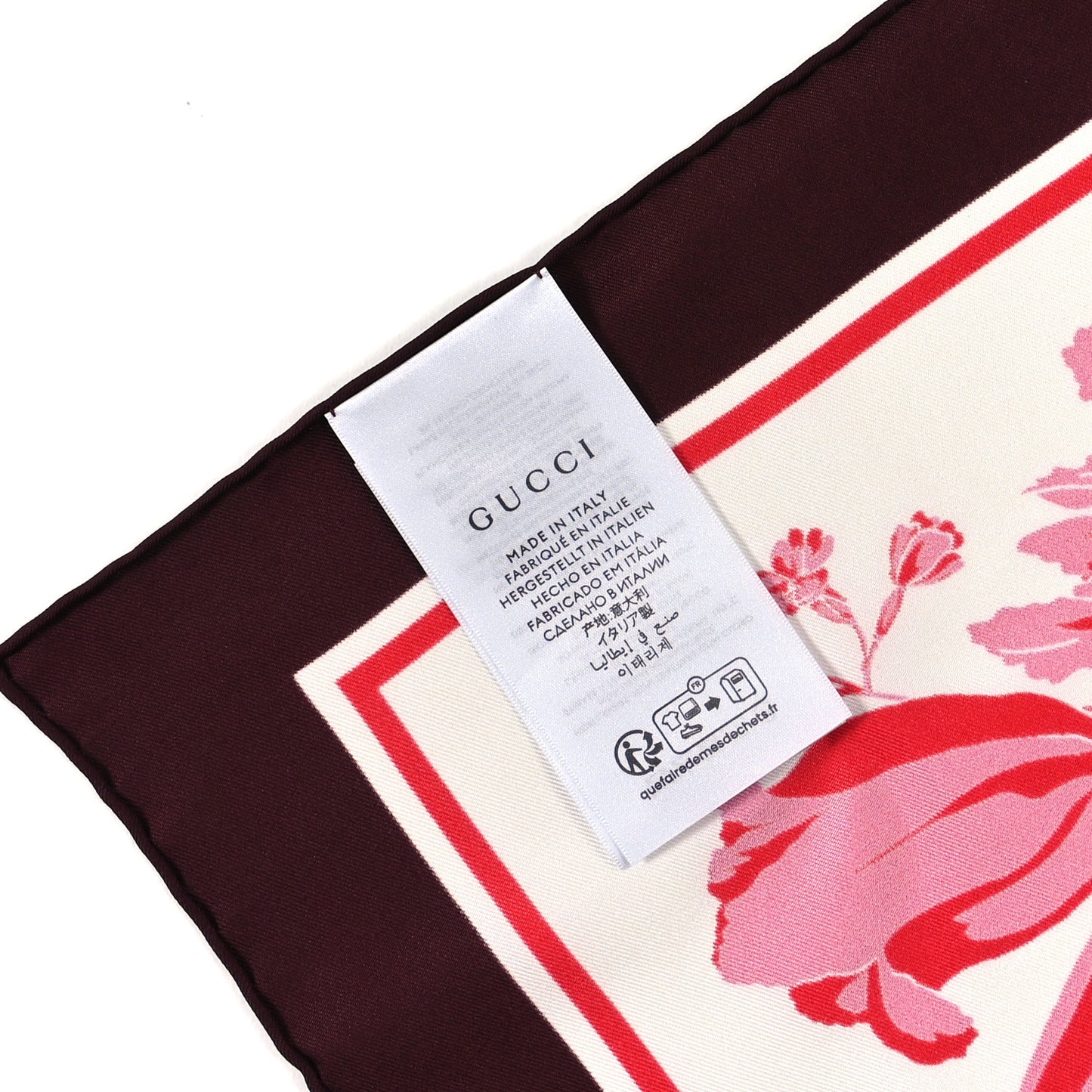 Silk Floral Print Square Scarf Ivory Burgundy