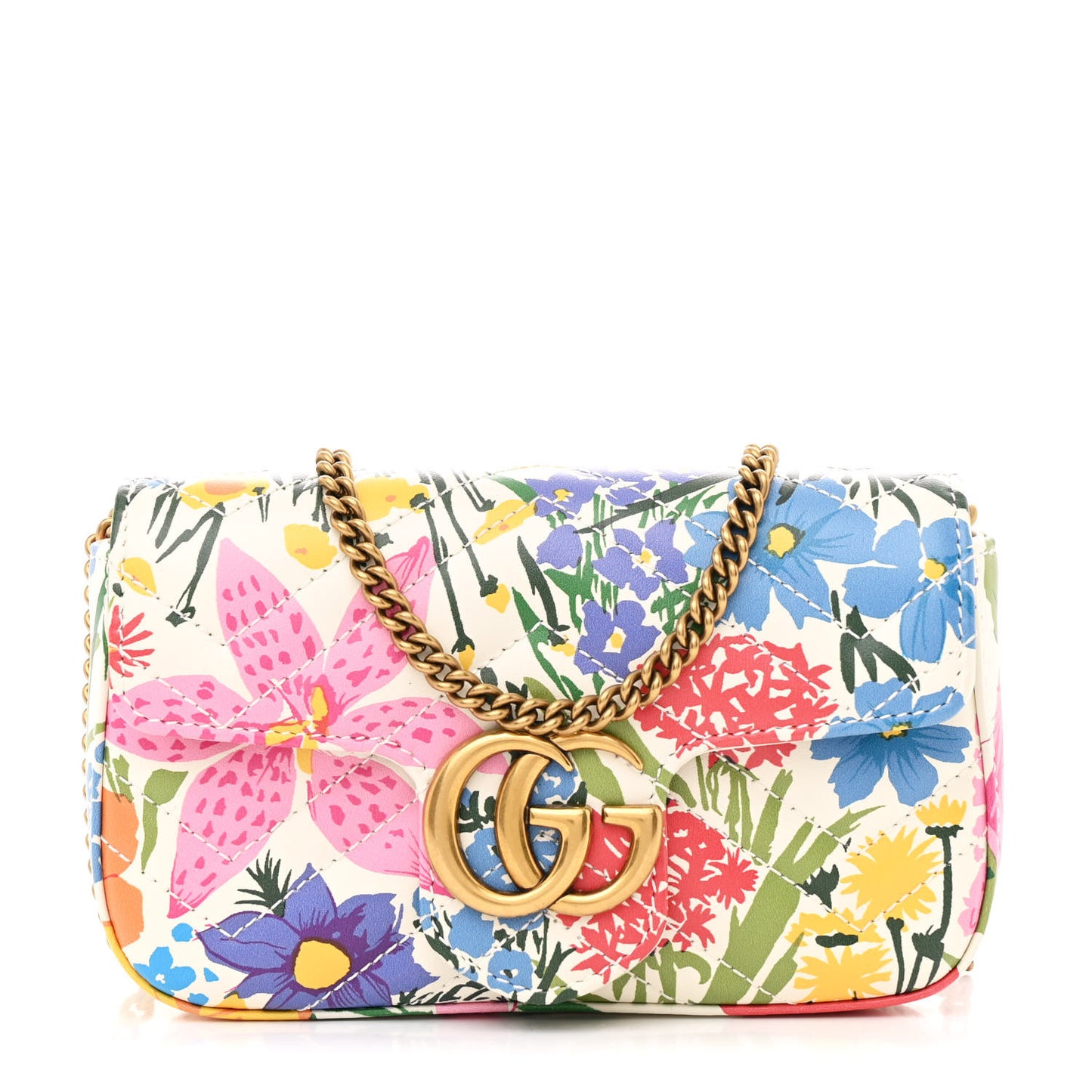 X KEN SCOTT Calfskin Matelasse Floral Print Super Mini GG Marmont Shoulder Bag Ivory Pink
