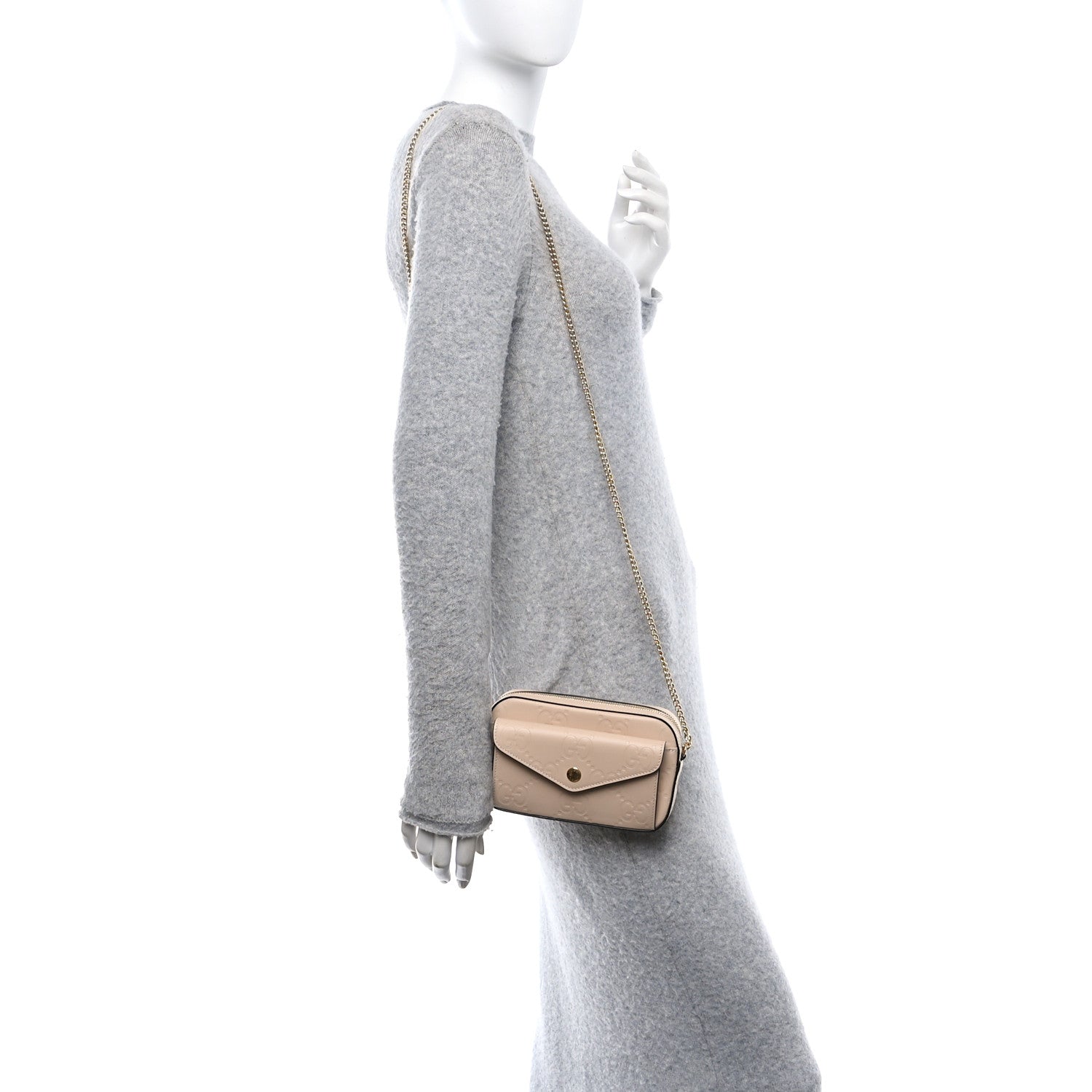 Gucci Calfskin GG Super Mini Debossed Chain Wallet Light Beige 2 of 10