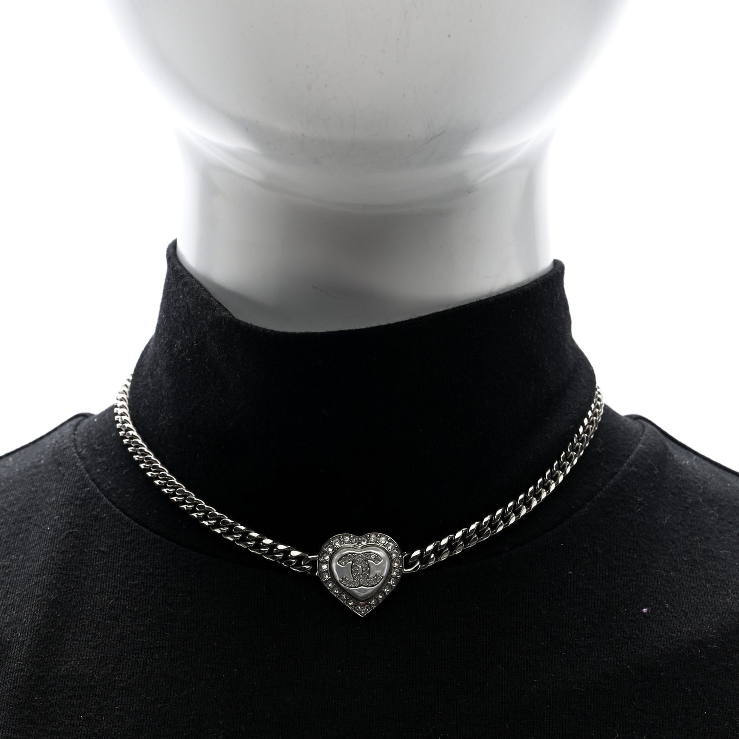 Pearl Crystal CC Heart Choker Necklace Silver