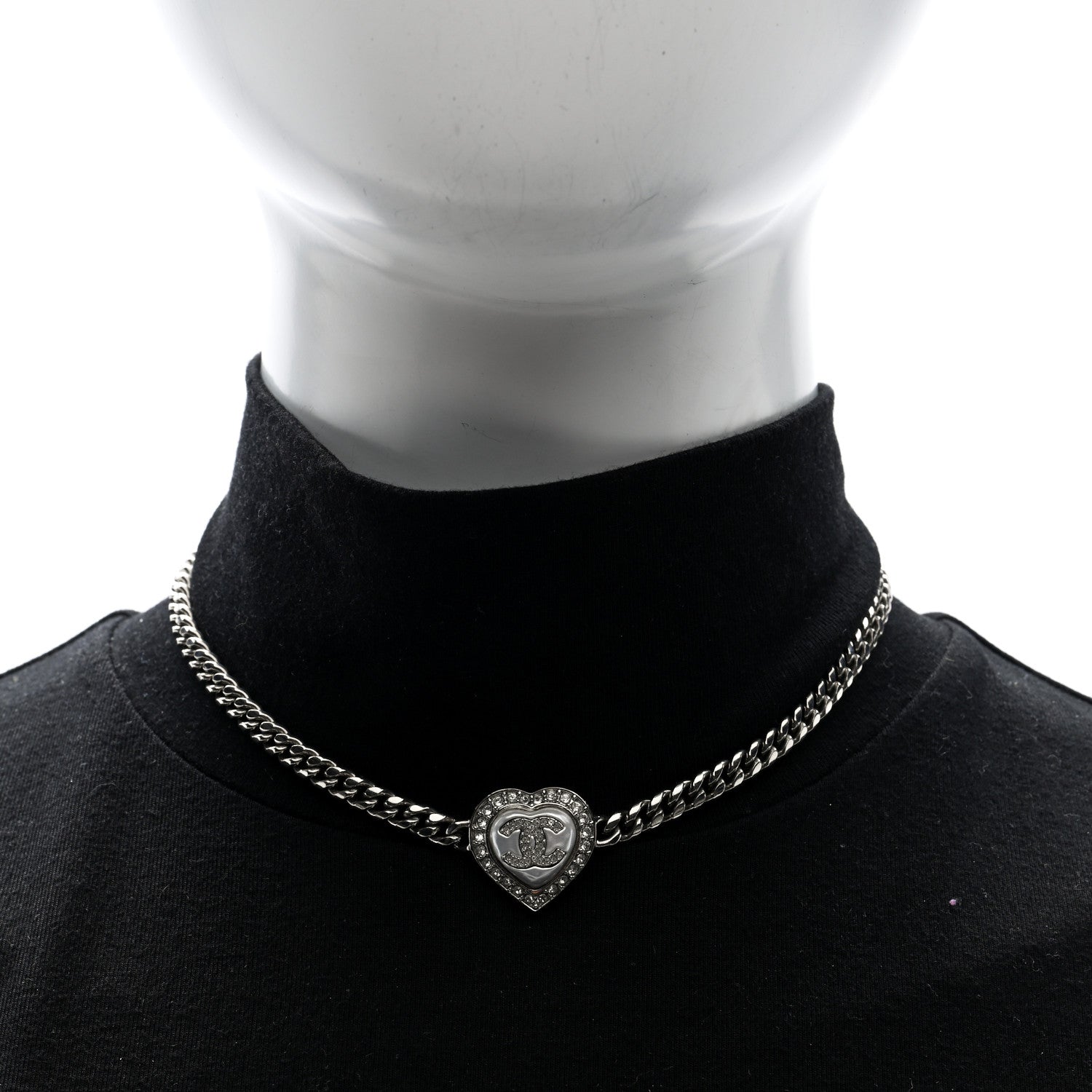 Chanel Pearl Crystal CC Heart Choker Necklace Silver 2 of 4