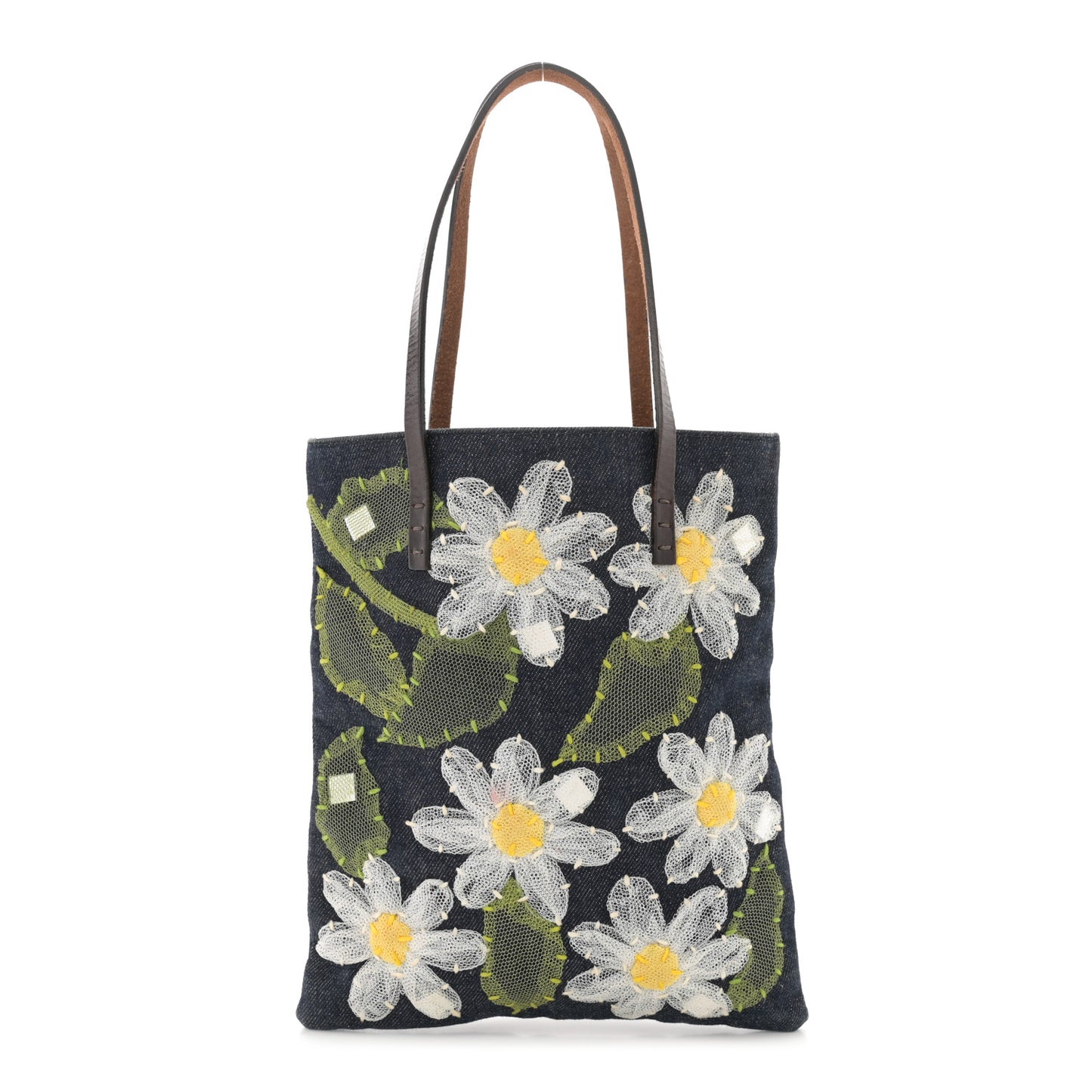 Denim Flower Applique Tote Blue