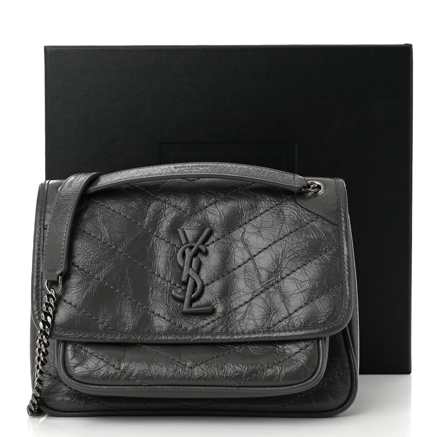 Crinkled Calfskin Matelasse Monogram Baby Niki Chain Satchel Storm