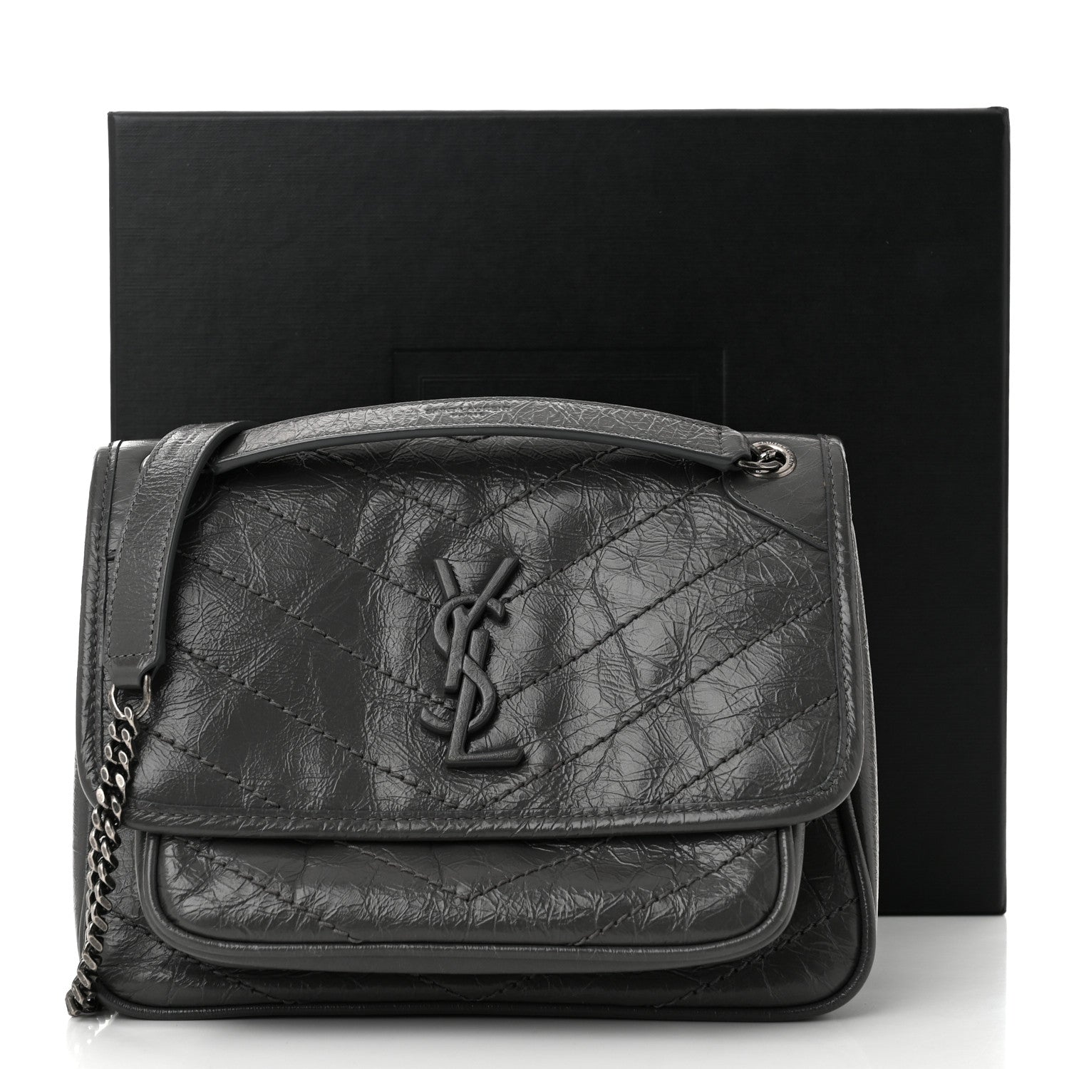 Saint Laurent Crinkled Calfskin Matelasse Monogram Baby Niki Chain Satchel Storm 11 of 11