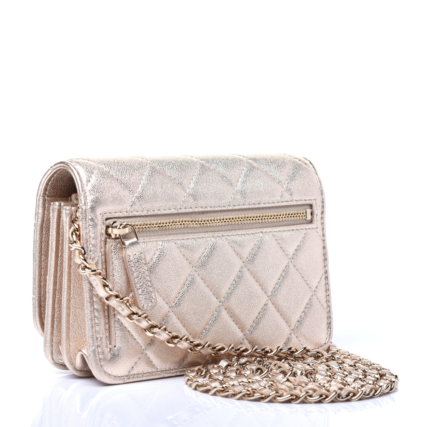 Metallic Lambskin Quilted Mini Wallet On Chain WOC Gold